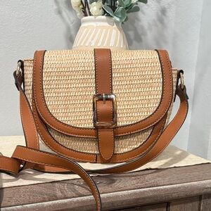 Brown and Tan Woven Crossbody Bag